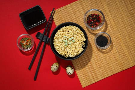 Concept of instant food, instant noodles, top viewの写真素材