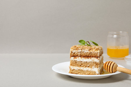 Concept of delicious sweet food - honey cake, space for textの写真素材