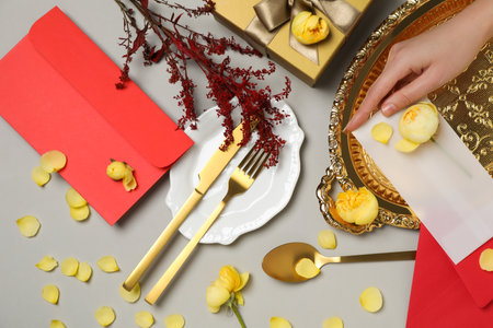 Concept of spring season table setting, top viewの写真素材