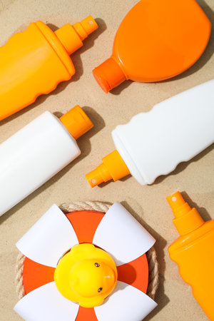 Concept of summer skincare accessories, top viewの写真素材