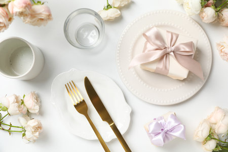 Concept of spring season table setting, top viewの写真素材