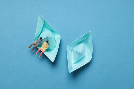 Concept of travel and adventure with paper boatsの写真素材