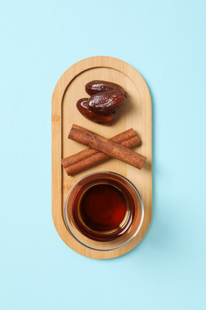 Concept of traditional turkish brewed hot drink, turkish tea, top viewの写真素材