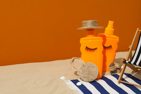 Concept of summer skincare accessories, space for textの写真素材