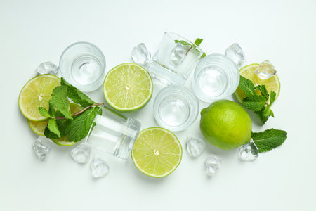 Glasses for shots and ingredients for cocktails on white backgroundの写真素材