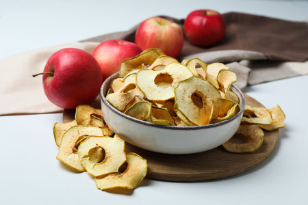 Concept of tasty food, dried apple chipsの写真素材