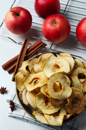 Concept of tasty food, dried apple chipsの写真素材