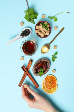 Concept of traditional turkish brewed hot drink, turkish tea, top viewの写真素材