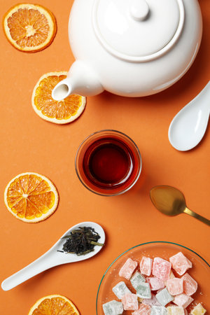 Concept of traditional turkish brewed hot drink, turkish tea, top viewの写真素材