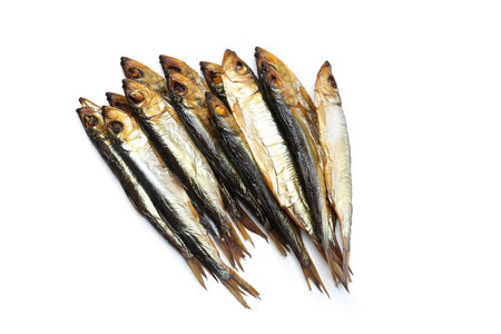 Concept of tasty food - smoked fish, isolated on white backgroundの写真素材