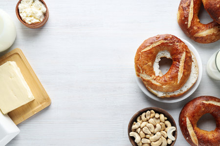 Concept of tasty food - bagel, space for textの写真素材