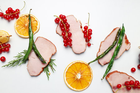 Concept of tasty food, ham, top viewの写真素材