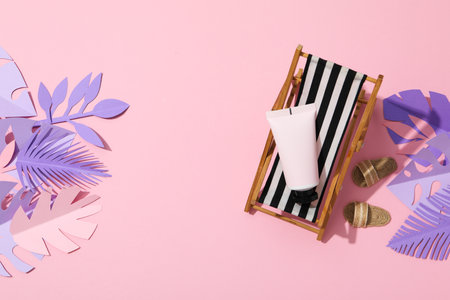 Concept of summer skincare accessories, space for text