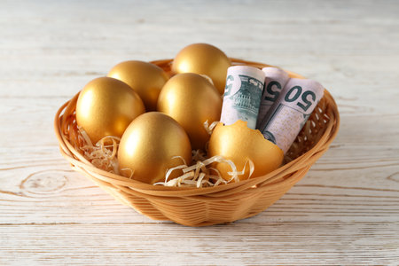 Golden eggs, pension savings, investments and retirementの写真素材