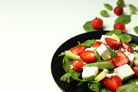 Concept of tasty salad, salad with strawberry, space for textの写真素材