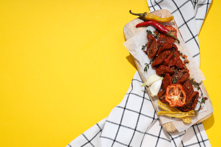 Concept of tasty food - sun-dried tomato, space for textの写真素材