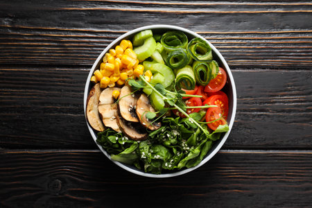 Bowl with tasty and nutritious food, top viewの写真素材