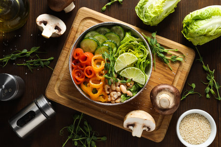 Bowl with tasty and nutritious food, top viewの写真素材