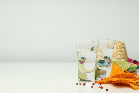 Concept of Mexico food, Tortilla and tequila, space for textの写真素材