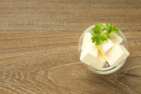 Concept of breakfast, eat food with butter, space for textの写真素材