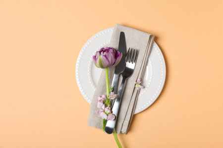 Concept of spring season table setting, top viewの写真素材
