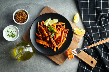 Concept of tasty food, fried sweet potato, top viewの写真素材