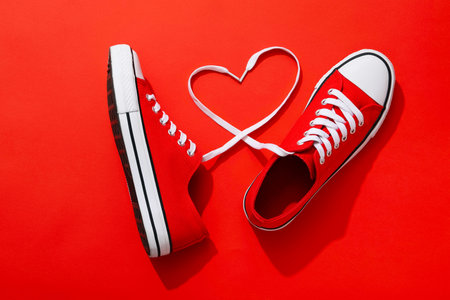 Concept of shoes - red sneakers, top viewの写真素材