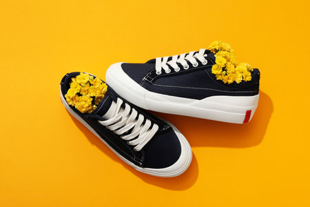 Concept of shoes - sneakers with flowers, top viewの写真素材