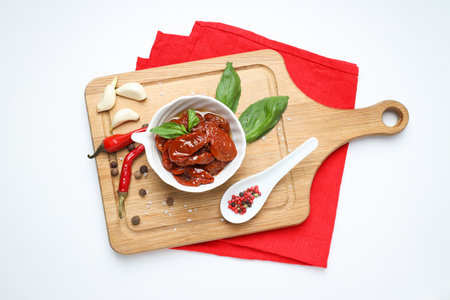 Concept of tasty food - sun-dried tomato, top viewの写真素材