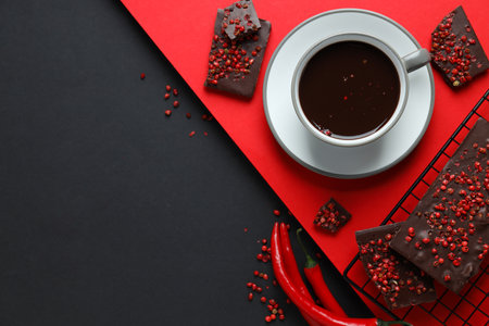 Concept of delicious food - chocolate with pepper and hot chocolate with pepperの写真素材