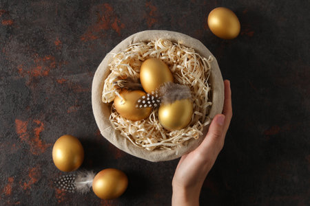 Concept of Richness, golden eggs, top viewの写真素材