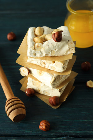 Concept of tasty food, nougat, close upの写真素材