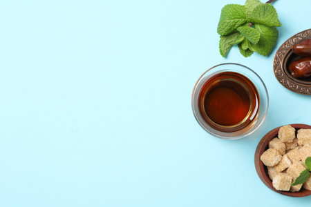 Concept of traditional turkish brewed hot drink, turkish tea, space for textの写真素材