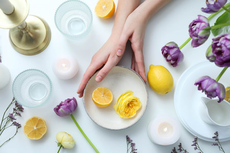 Concept of spring season table setting, top viewの写真素材