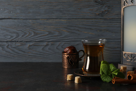 Concept of traditional turkish brewed hot drink, turkish tea, space for textの写真素材