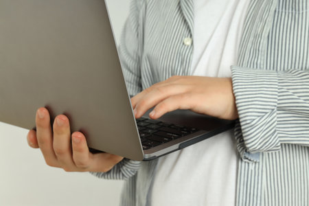 Concept of business, man with laptop, close upの写真素材