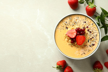 Concept of delicious food with smoothie with different ingredients, space for textの写真素材
