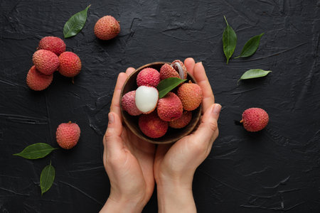 Concept of tasty and delicious exotic fruit - Lychee, top viewの写真素材
