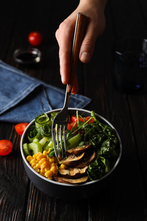 Bowl with tasty and nutritious food, delicious homemade lunchの写真素材