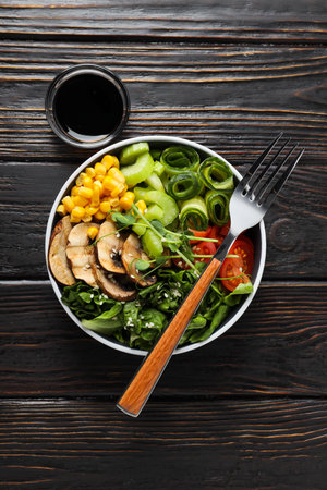 Bowl with tasty and nutritious food, top viewの写真素材