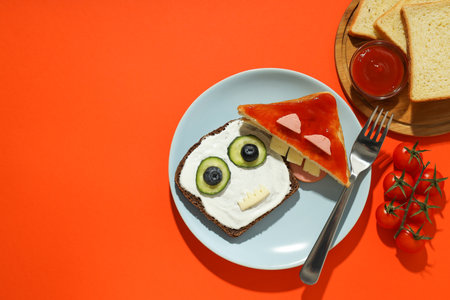 Tasty breakfast for kid - toasts, space for textの写真素材