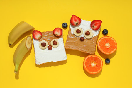Tasty breakfast for kid - toasts, top viewの写真素材