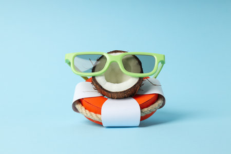 Composition for summer concept with coconut on blue backgroundの写真素材