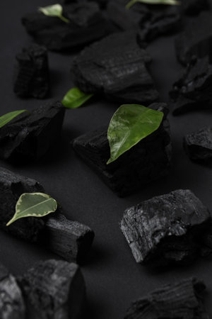 natural wood or hardwood charcoal on black backgroundの写真素材