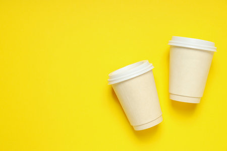 Blank paper cups, composition for delivery and take away concept, space for textの写真素材