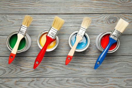 Tools for art and repair - paint, top viewの写真素材