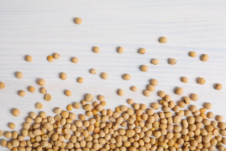 Soy seeds on white background, top viewの写真素材