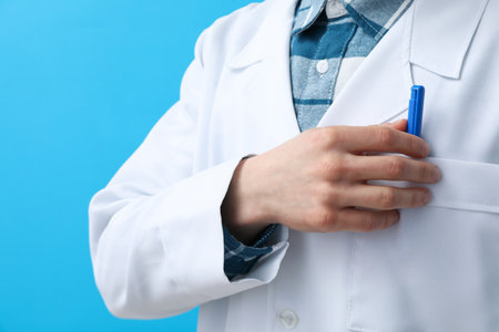 Doctor on blue background - healthcare, Medical Workers Day conceptの写真素材