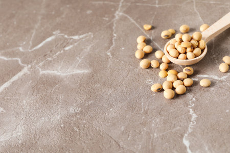 Wooden spoon with soy seeds on gray textured tableの写真素材