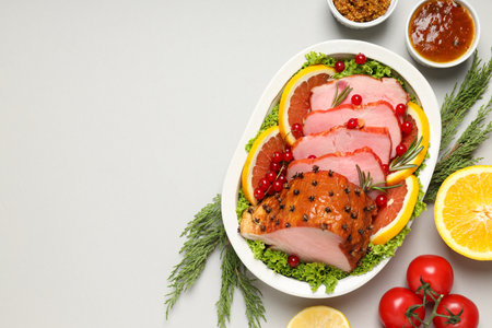 Concept of tasty food, ham, space for textの写真素材